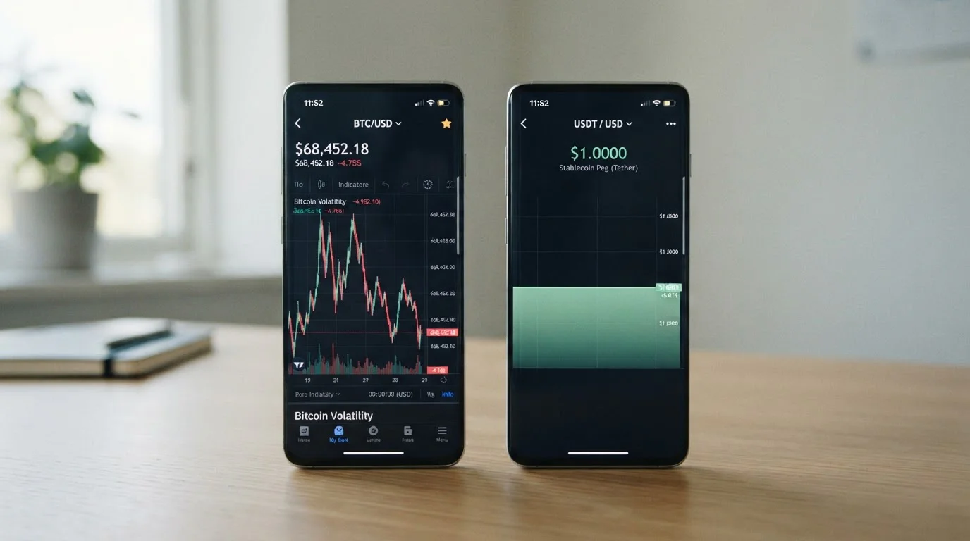 Split screen showing volatile crypto chart versus stable USDT flat line