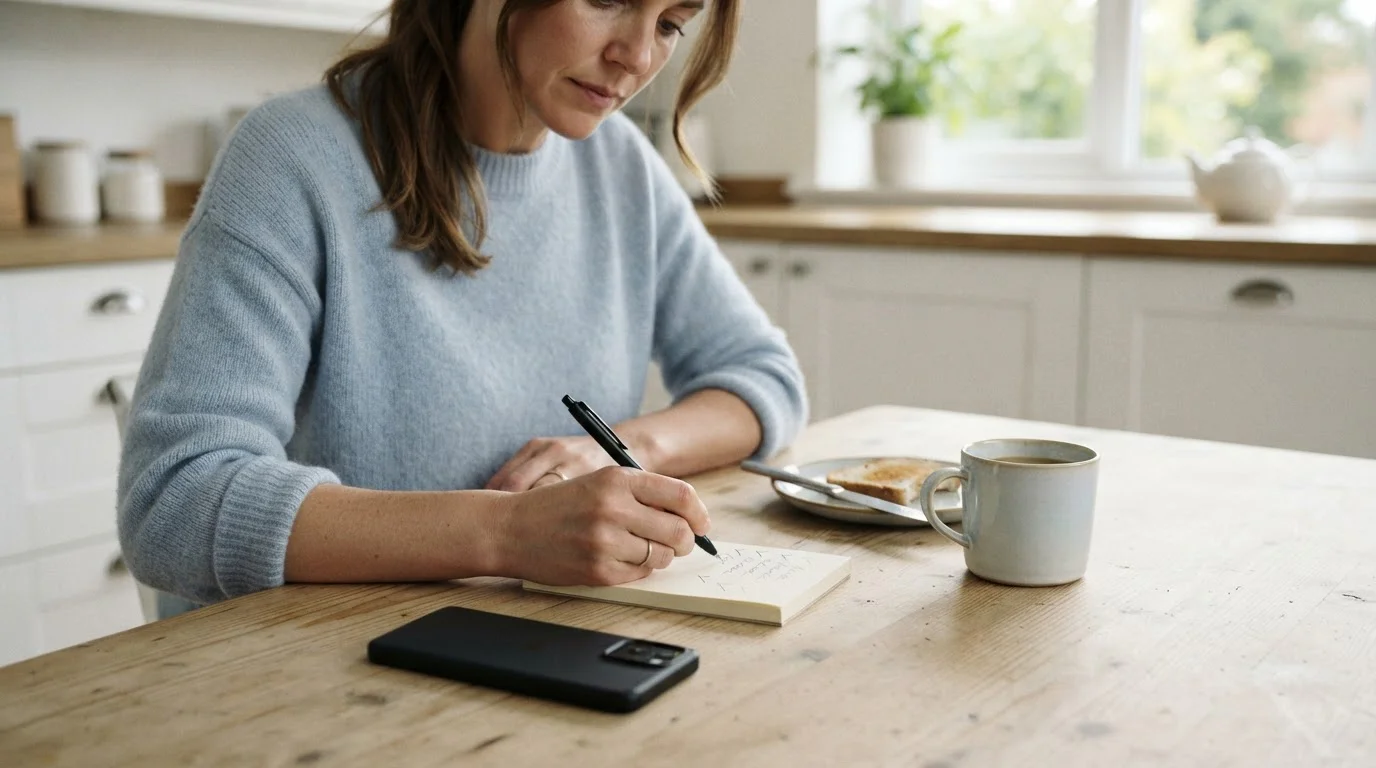 Handwritten checklist on a notepad beside a phone lying face down