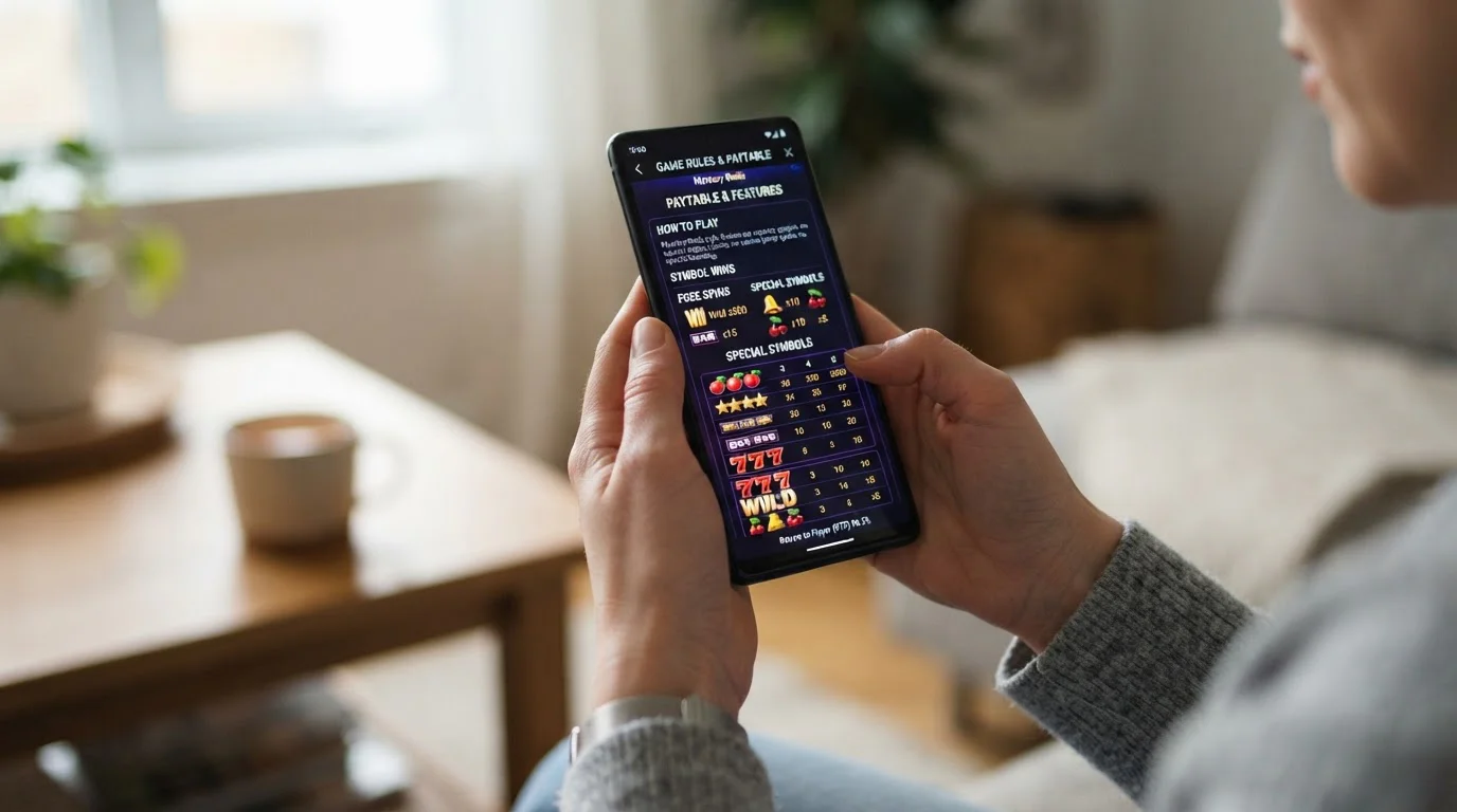 Player checking game paytable RTP information on mobile device