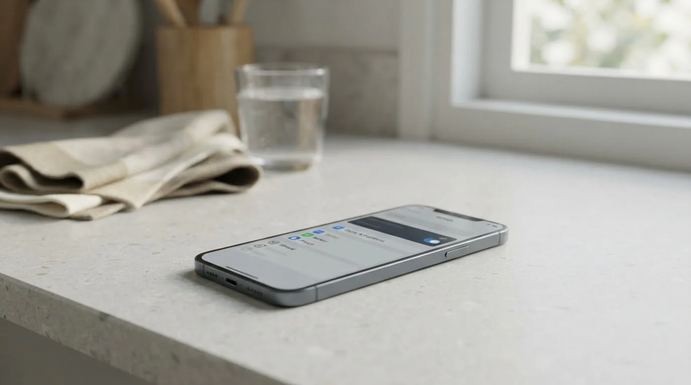 Smartphone on a kitchen bench showing a plain card-settings screen with a toggle switched on
