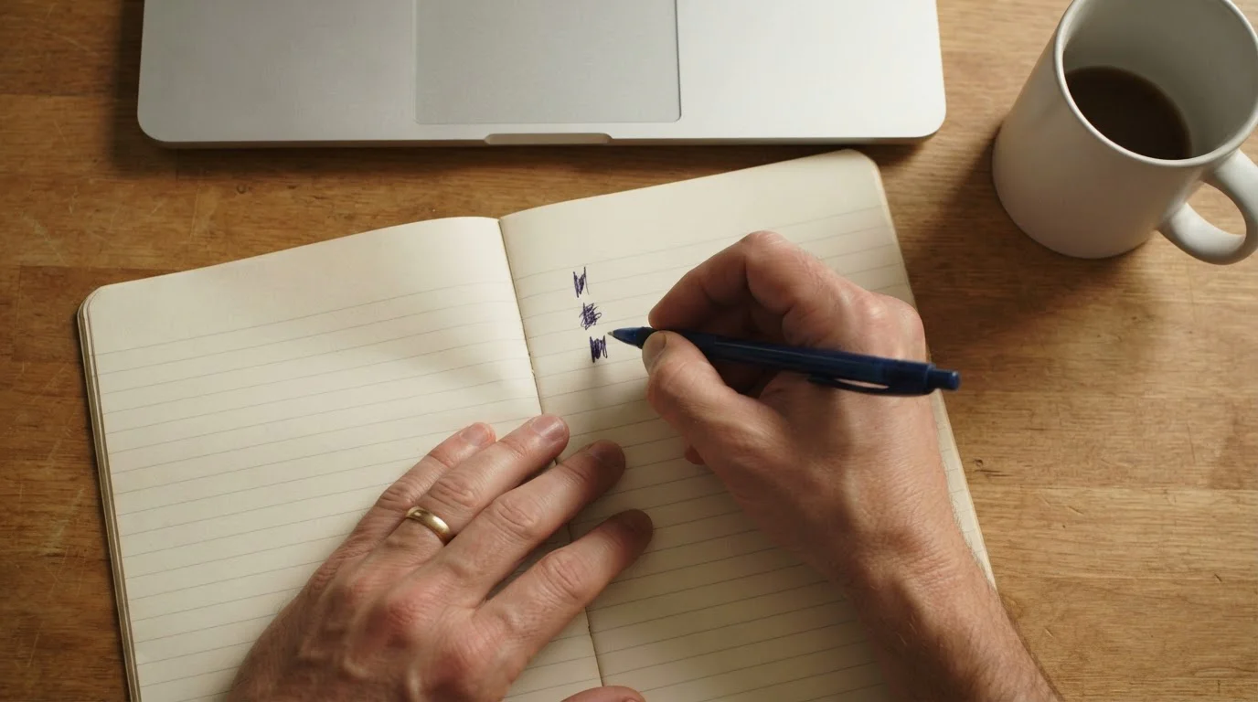 Hand writing three figures in a column on a notepad beside a closed laptop