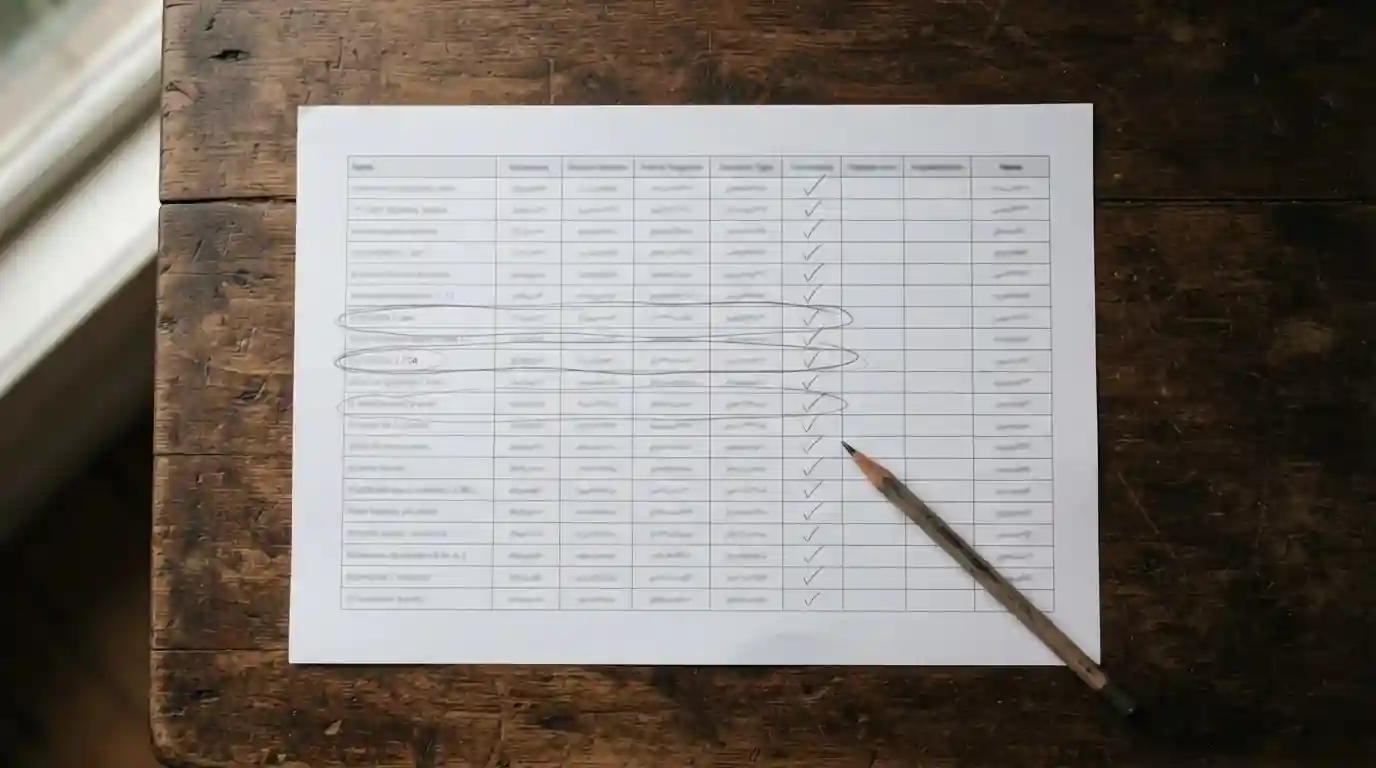 Printed comparison sheet on a desk with several rows marked in pencil