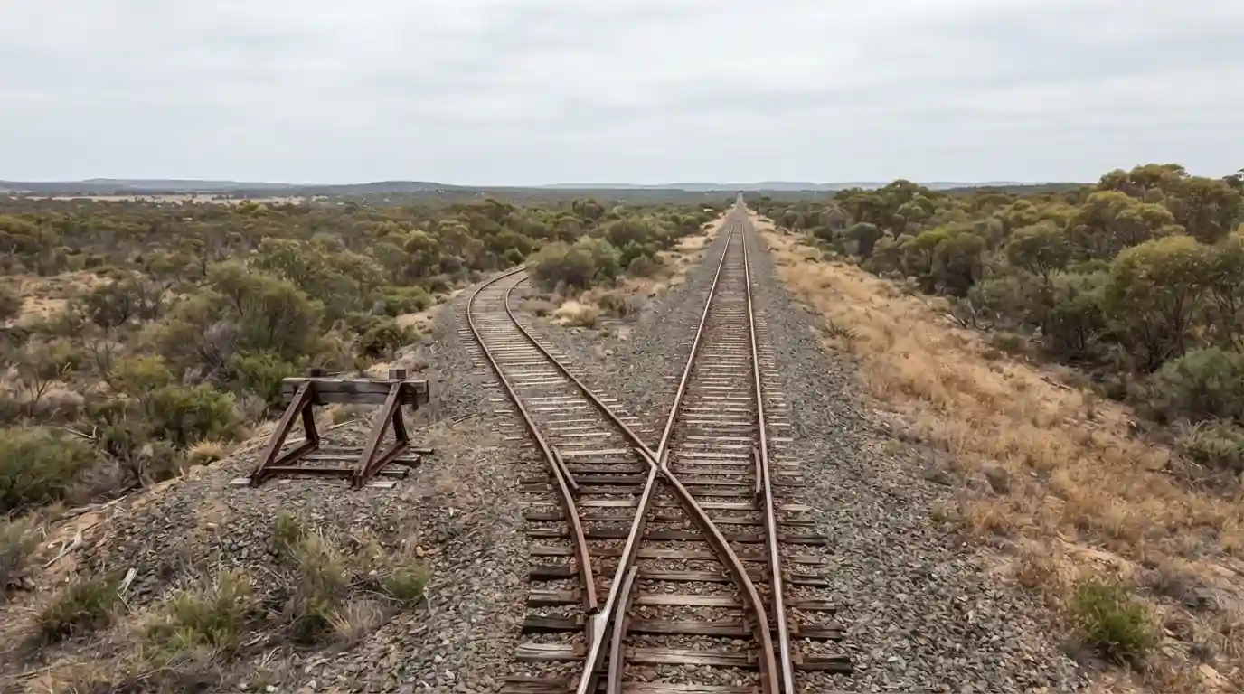 Railway junction seen from above where one track continues and a second ends short