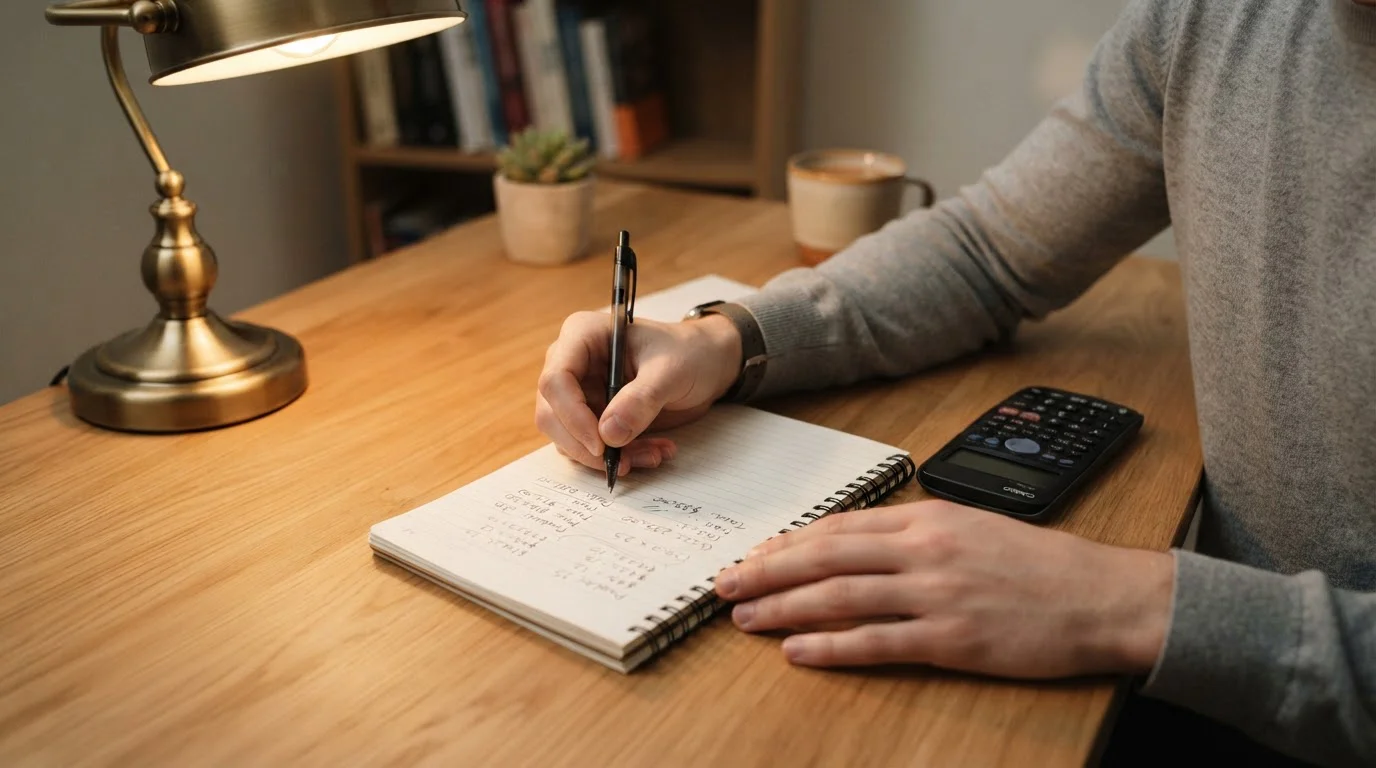 Person writing wagering calculations in notebook with currency symbols, pen and notepad on desk