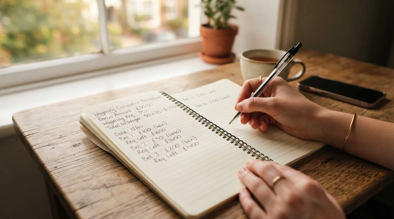 Hand-written calculation showing wagering requirement math on notebook