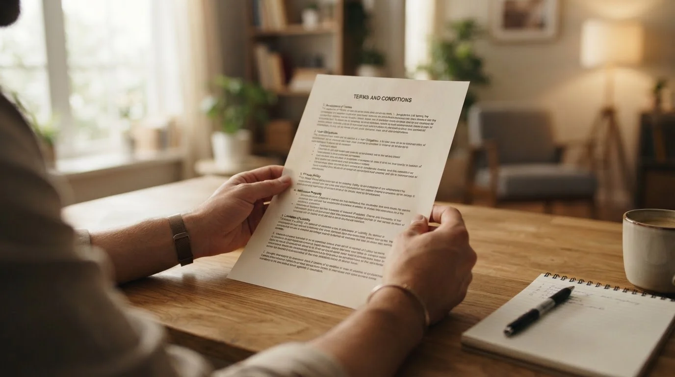 Hands reviewing printed bonus terms document with pen and notepad on desk