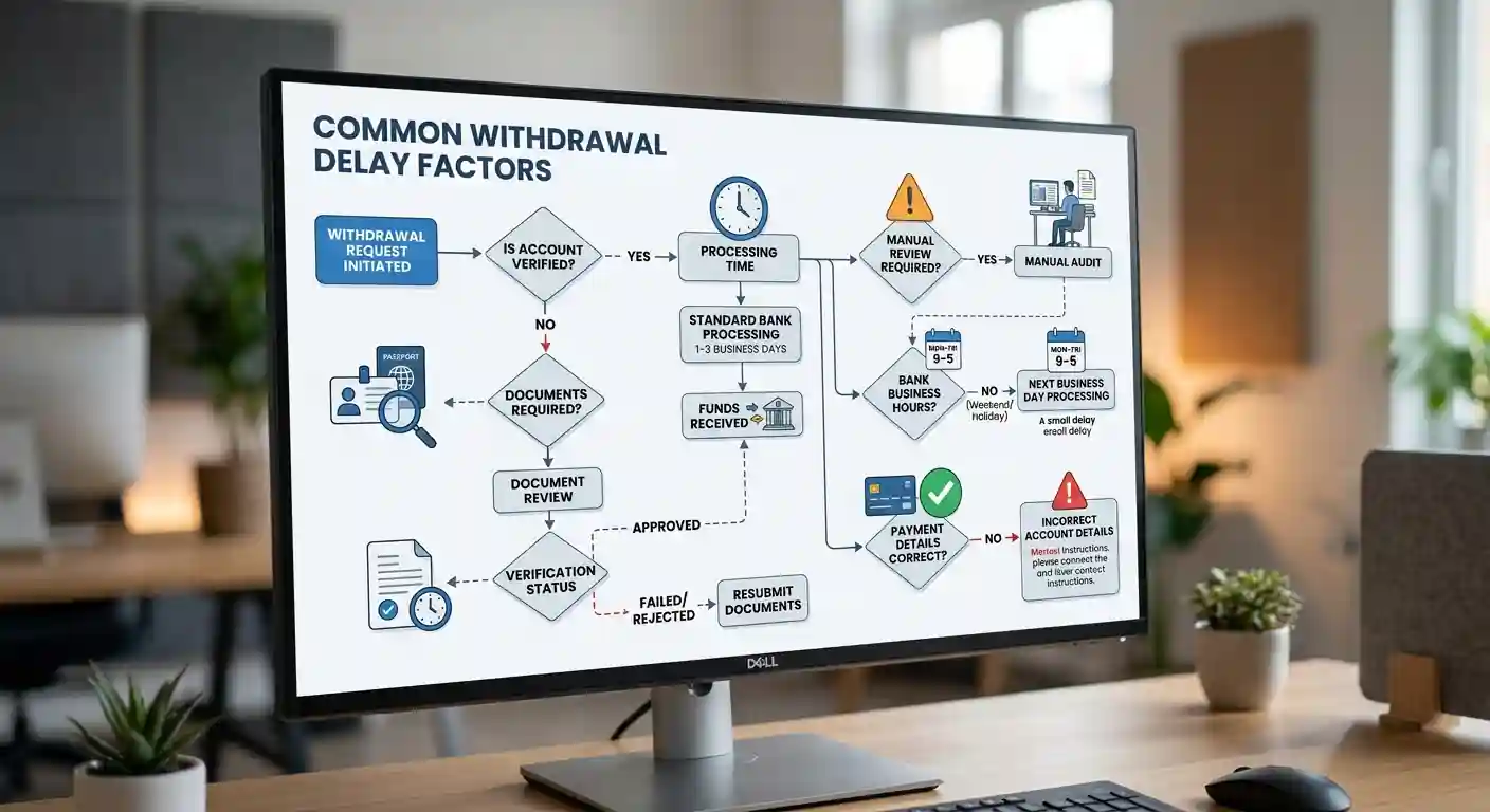 Flowchart showing five common withdrawal delay causes with icons for KYC, wagering, manual review, business hours, and account mismatch