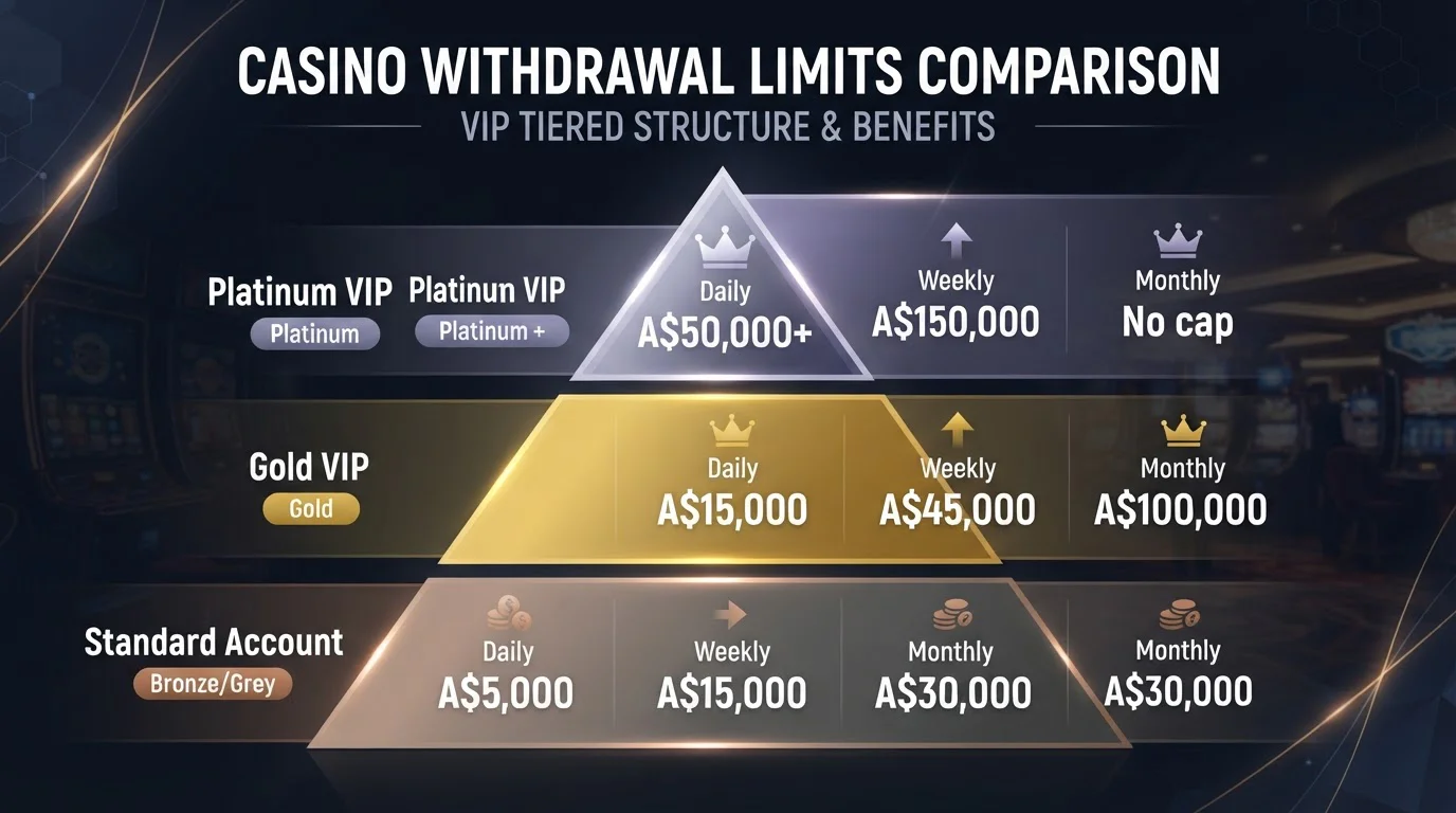Casino withdrawal limits table showing daily, weekly and monthly caps with VIP tier comparison