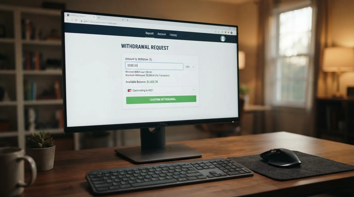 Desktop computer screen showing casino withdrawal page with minimum amount fields