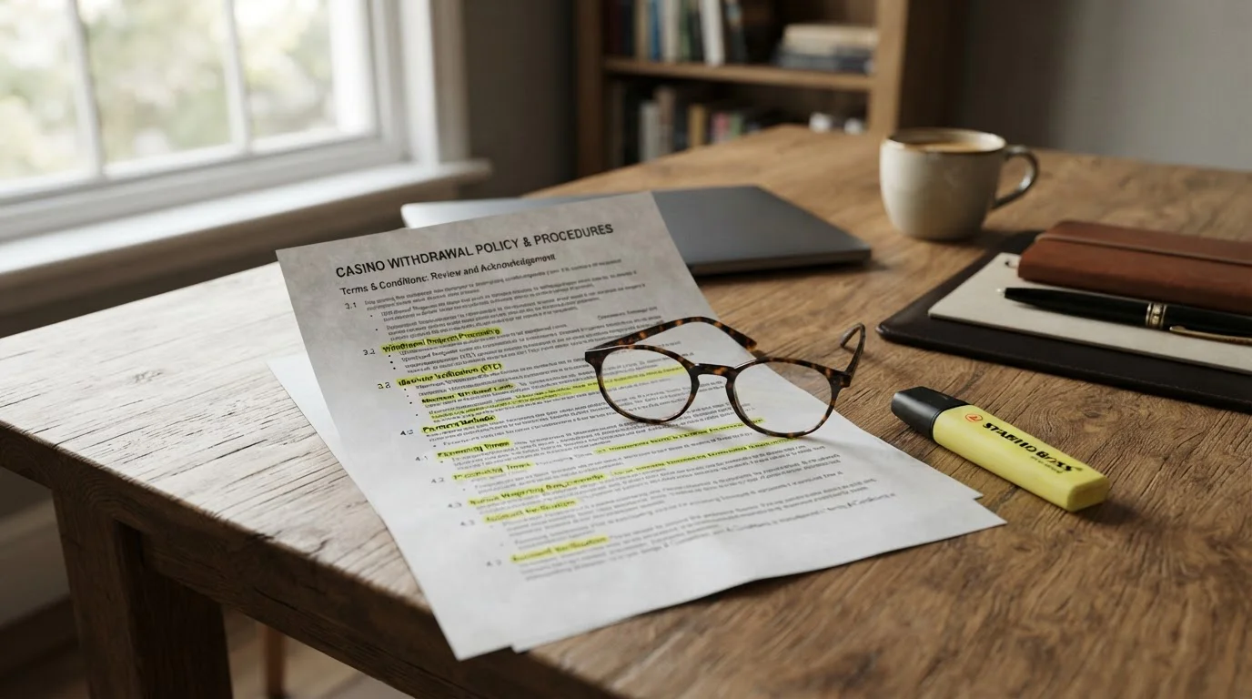 Casino withdrawal policy document on desk with highlighted sections and yellow marker