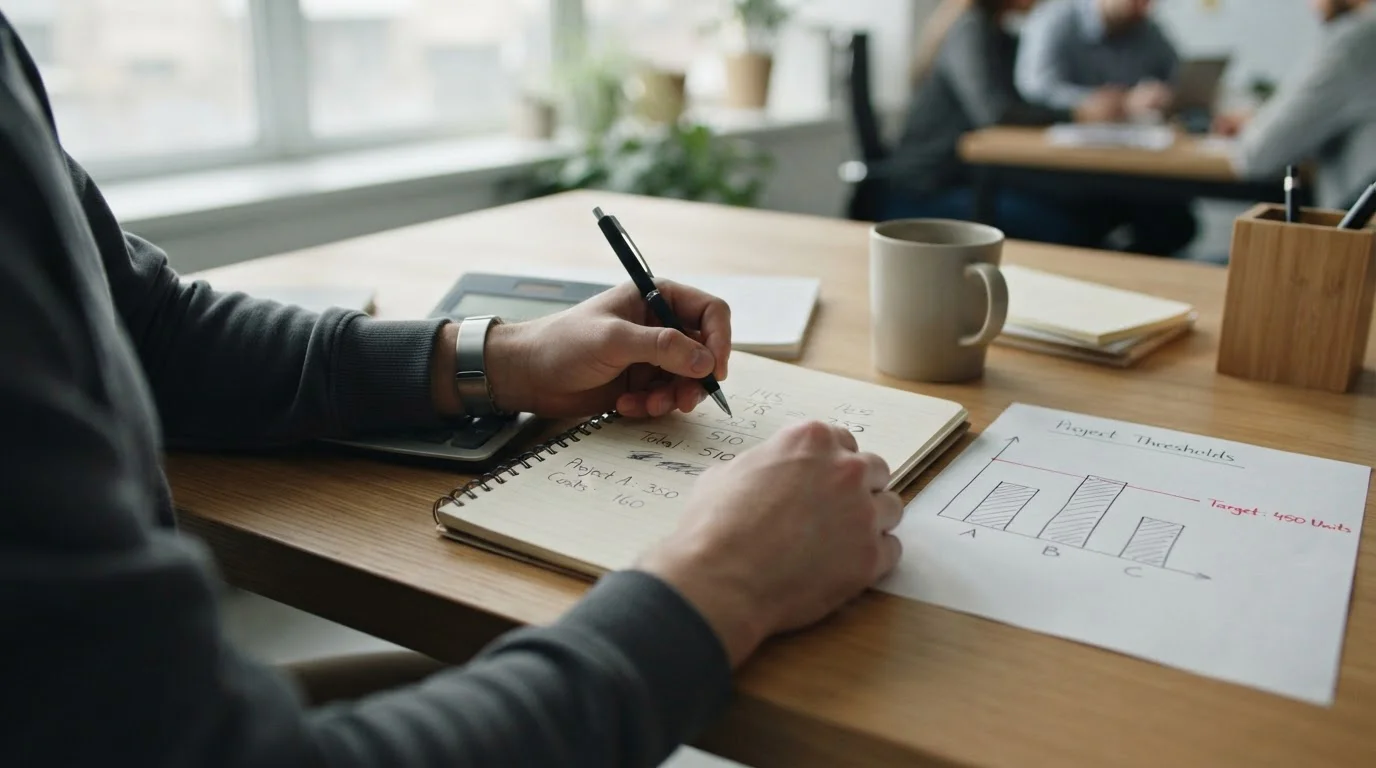 Person's hands writing withdrawal calculations on notepad with pen and chart