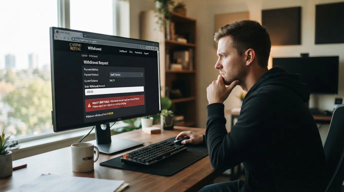 Withdrawal request screen showing minimum threshold blocking small balance cashout