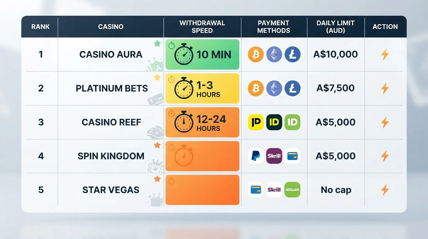 Casino withdrawal speed comparison table with timing icons for different payment methods