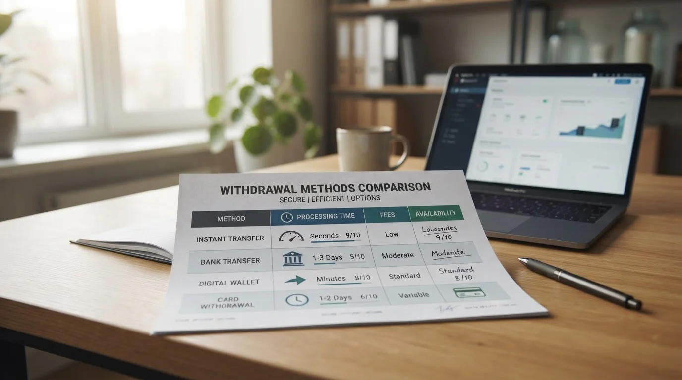 Withdrawal methods comparison showing speed and caps
