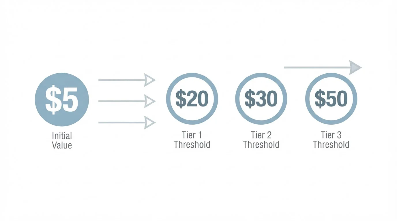 Simple diagram showing deposit-to-withdrawal multiplier with arrows from $5 to $20, $30, and $50 thresholds